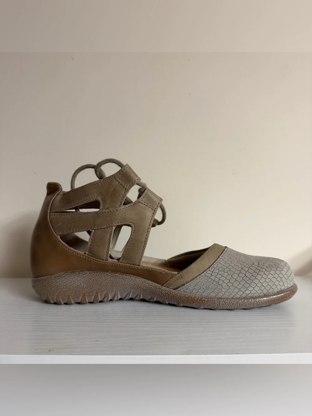 NAOT Footwear's Women's Lace-up Kata Shoe in Beige Lizard Size 6